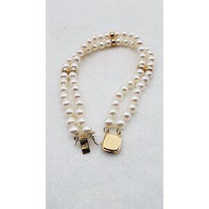 Vintage 14K Double-Strand Freshwater Pearl Bracelet  Push Clasp Closure 7"